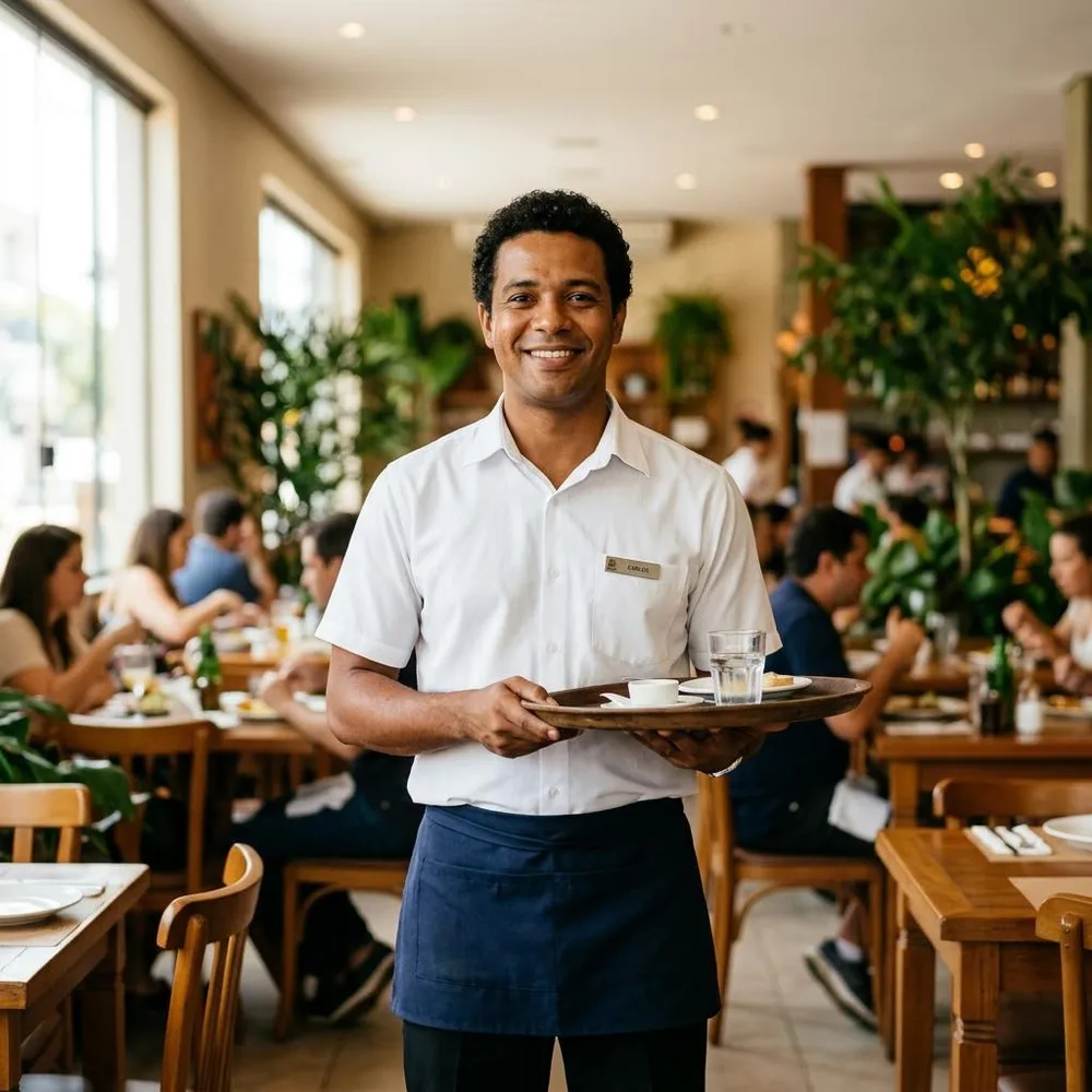 Garçom sorridente trabalhando em um restaurante